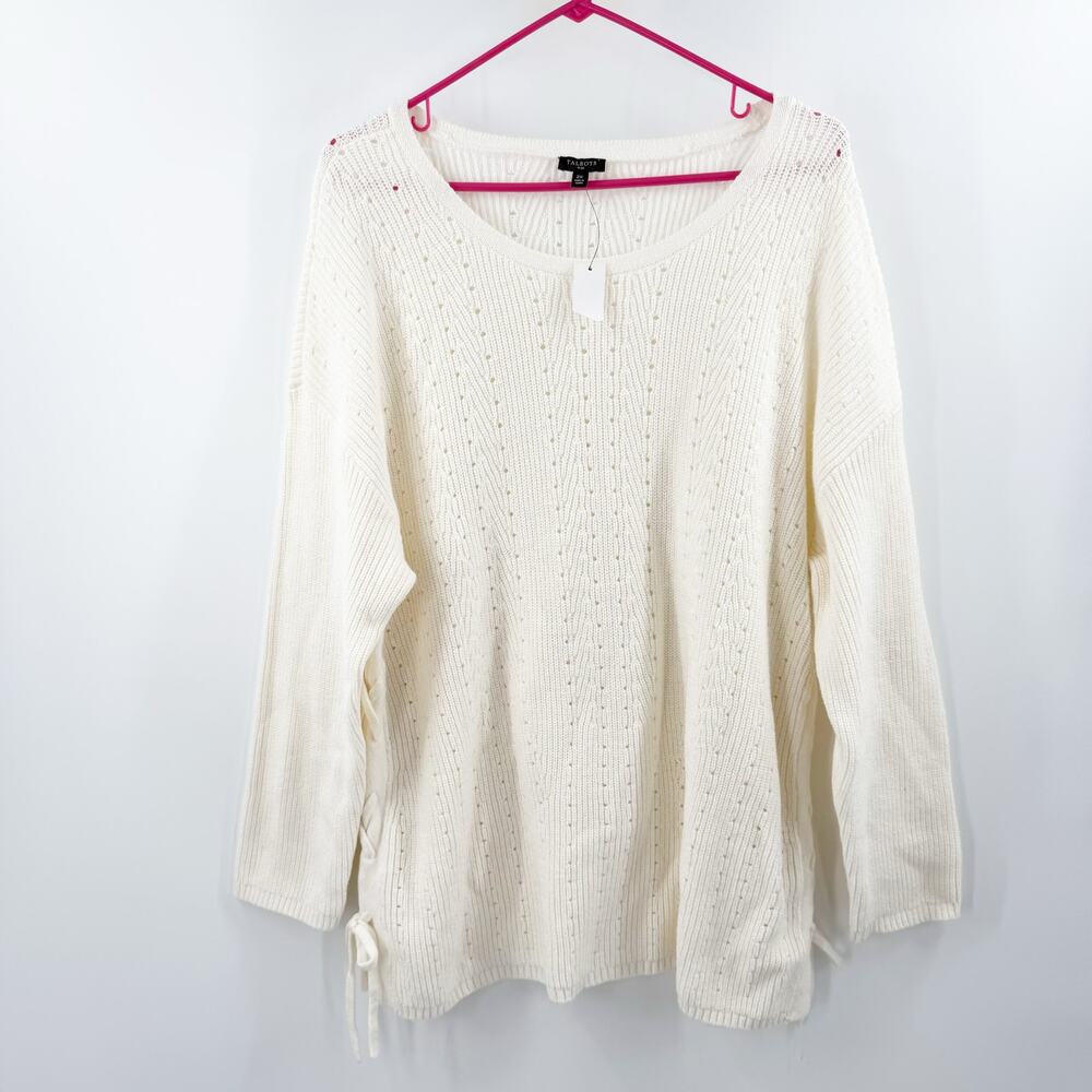 Talbots Sweater Women's Size 2X Plus Curvy NWT side tie pointelle knit cream